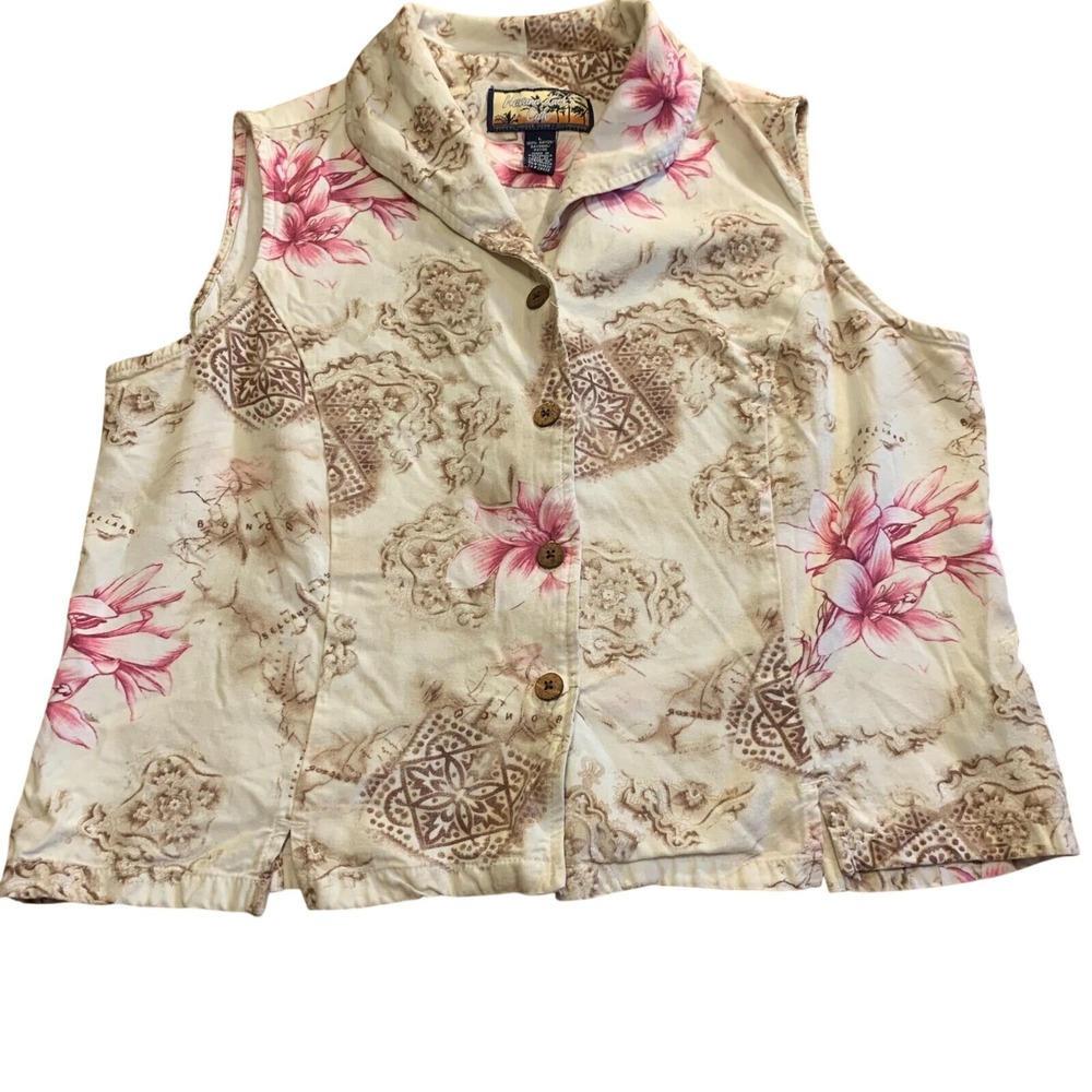 Havana Jack's Cafe Sleeveless Button Up Large Cream Pink Tropical Floral Aloha